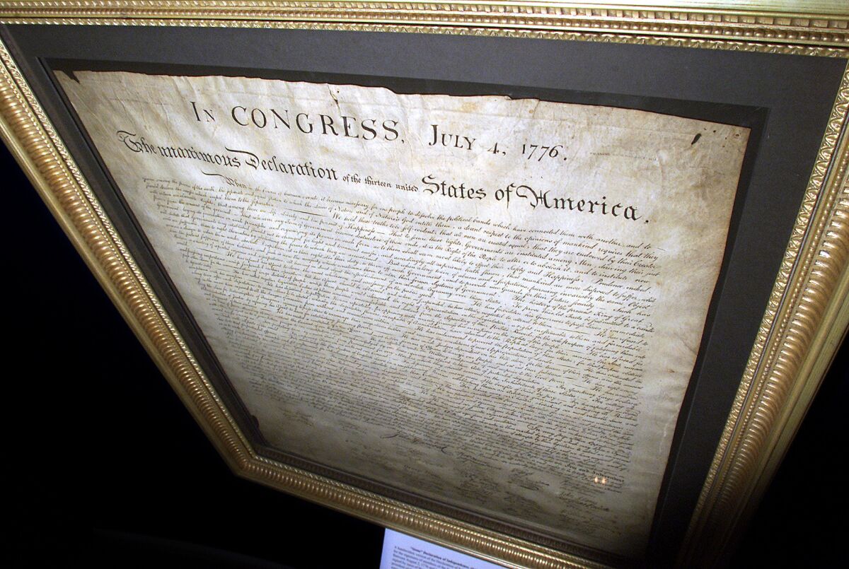 A framed copy of the Declaration of Independence. 