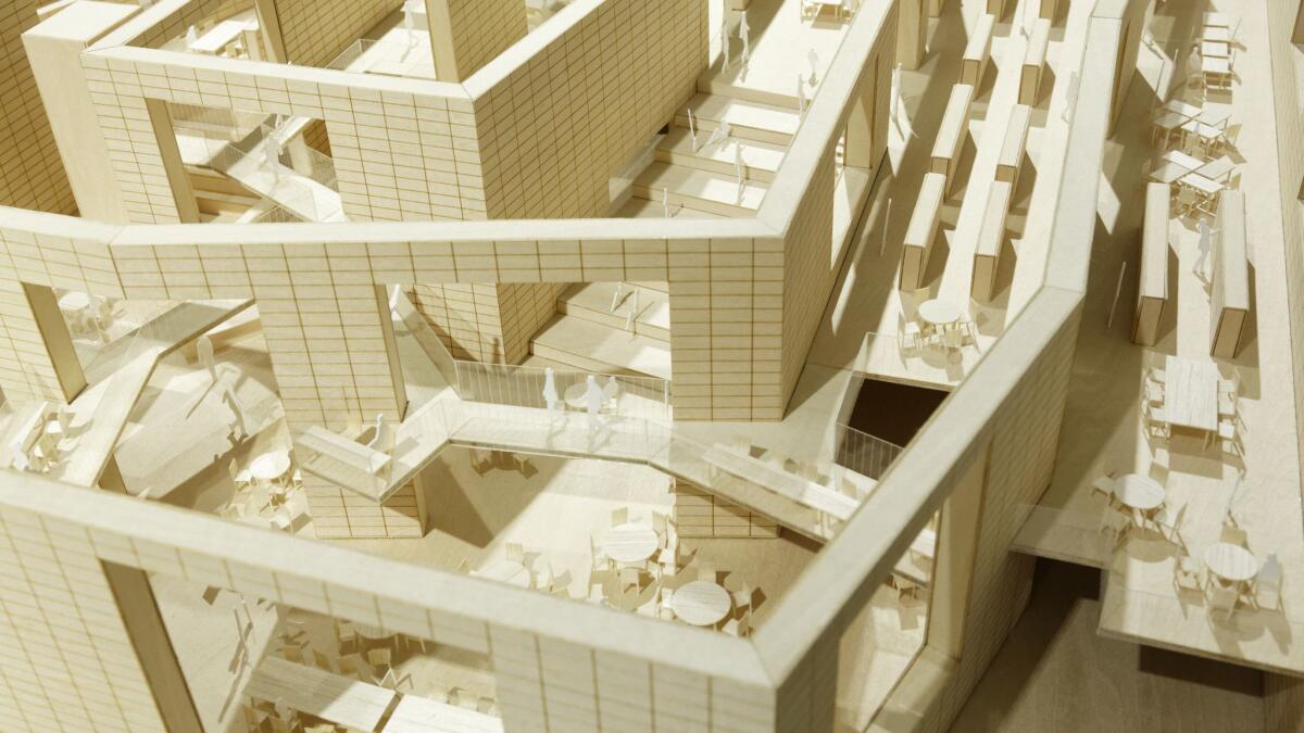 A detail from the wooden model for Sou Fujimoto's Musashino Art University Library & Museum.