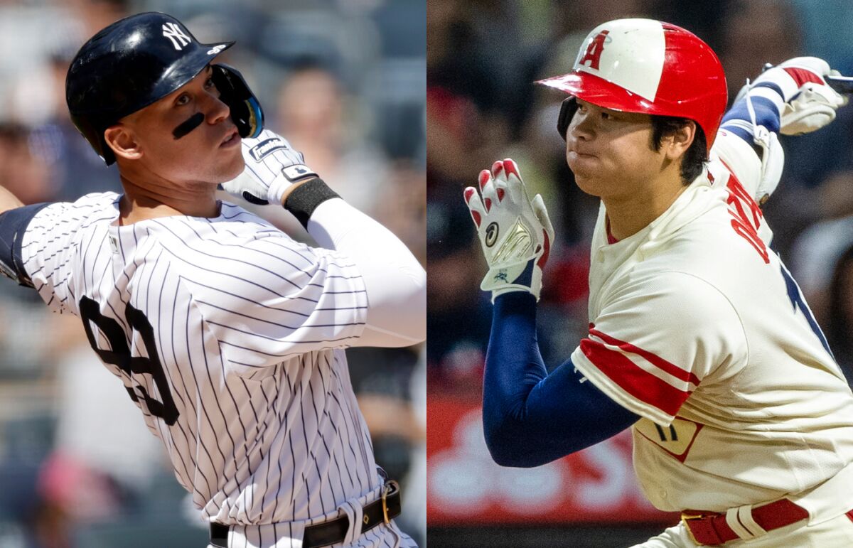 New York Yankees star Aaron Judge, left, and Angels star Shohei Ohtani are the frontrunners for the 2022 AL MVP award.