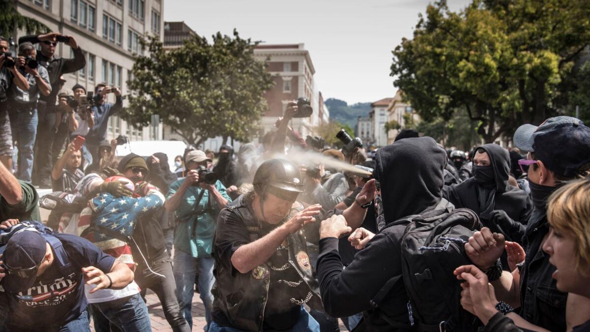 Pepper spray is used by someone in the crowd as supporters of President Trump clash with protesters at a rally at Civic Center Park on April 15 in Berkeley.