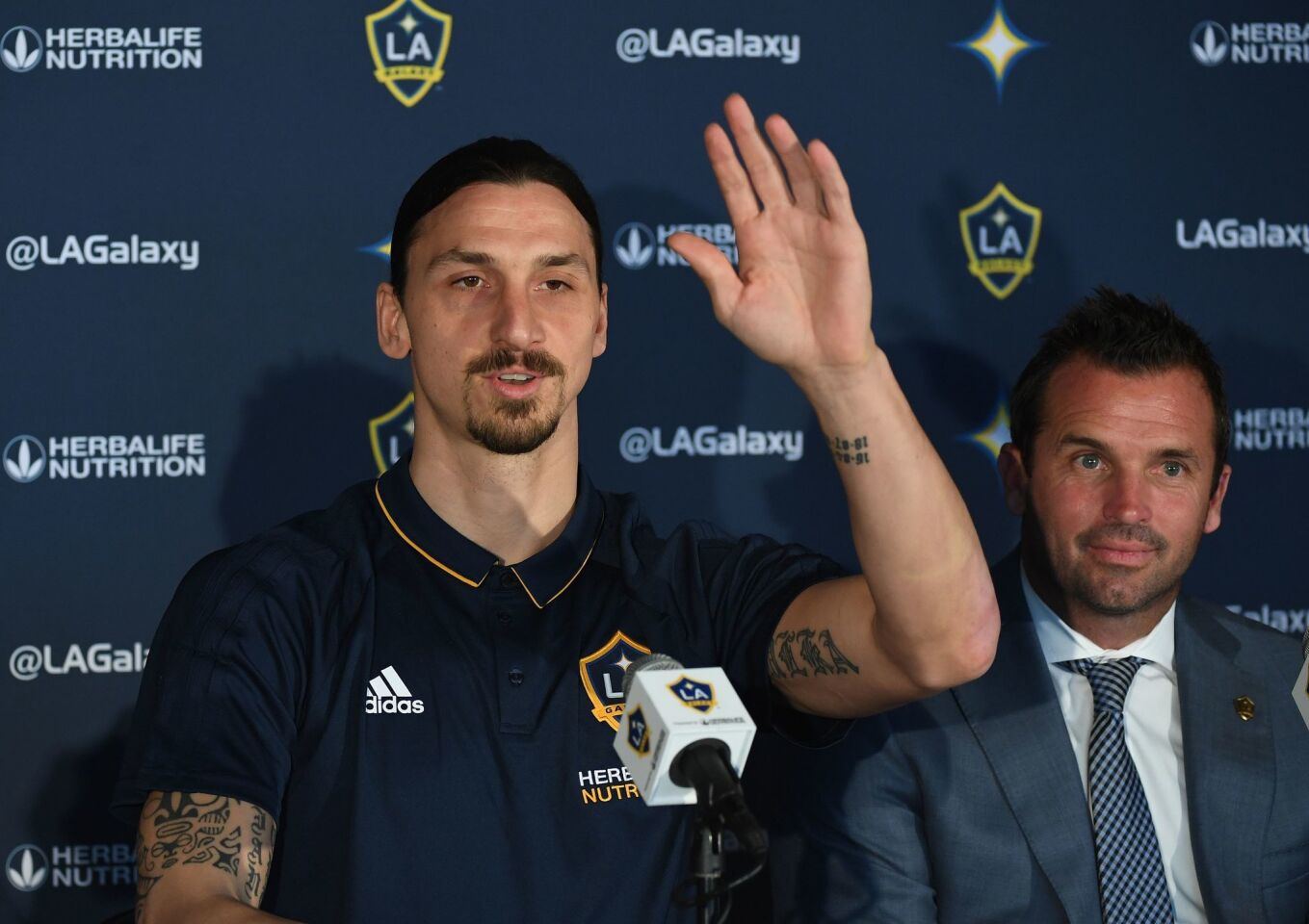 LA Galaxy footballer Zlatan Ibrahimovic gestures during his first press conference for the club in Los Angeles, California, on March 30, 2018. The 36-year-old Swedish striker's move to MLS from Manchester United was confirmed last week, with Ibrahimovic swiftly vowing to reignite the Galaxy's fortunes after they finished bottom of the league last season. / AFP PHOTO / Mark RalstonMARK RALSTON/AFP/Getty Images ** OUTS - ELSENT, FPG, CM - OUTS * NM, PH, VA if sourced by CT, LA or MoD **