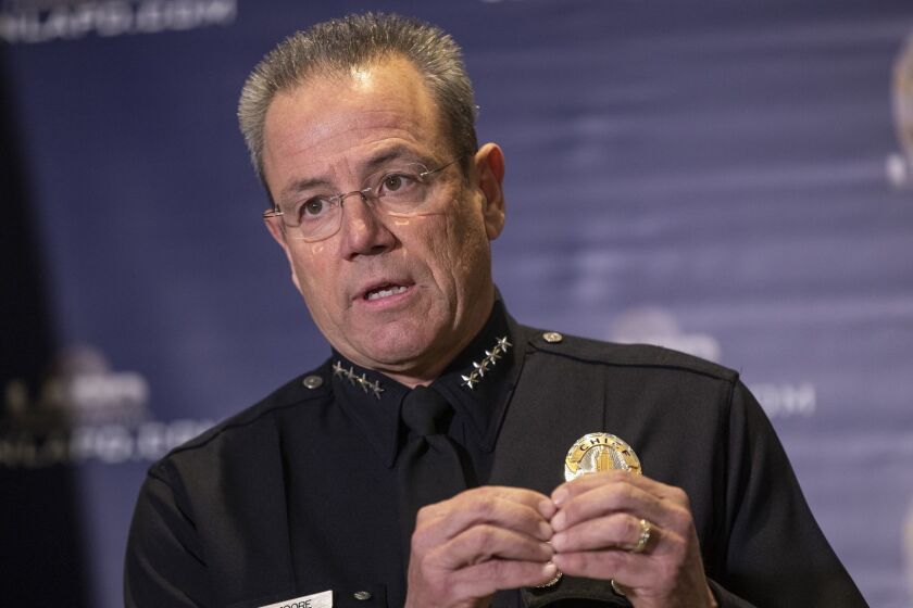 LOS ANGELES, CALIF. -- MONDAY, JANUARY 28, 2019: LAPD Chief Michel Moore announces that for the first time in five years, violent crime was down in Los Angeles in 2018, with the number of homicides on track to be among the lowest in more than 50 years during a press conference at LAPD headquarters in Los Angeles, Calif., on Jan. 28, 2019. (Allen J. Schaben / Los Angeles Times)