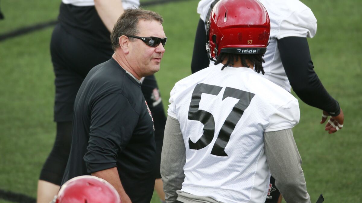 San Diego State coach Brady Hoke talks with defensive lineman Keshawn Banks during a practice last year.