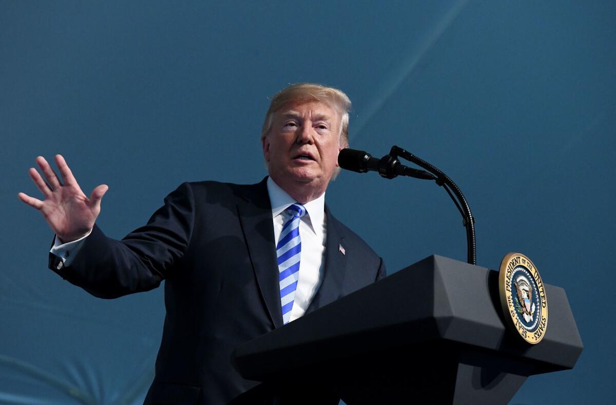 President Donald J. Trump speaks during the US Coast Guard Change-of-Command Ceremony on June 1.