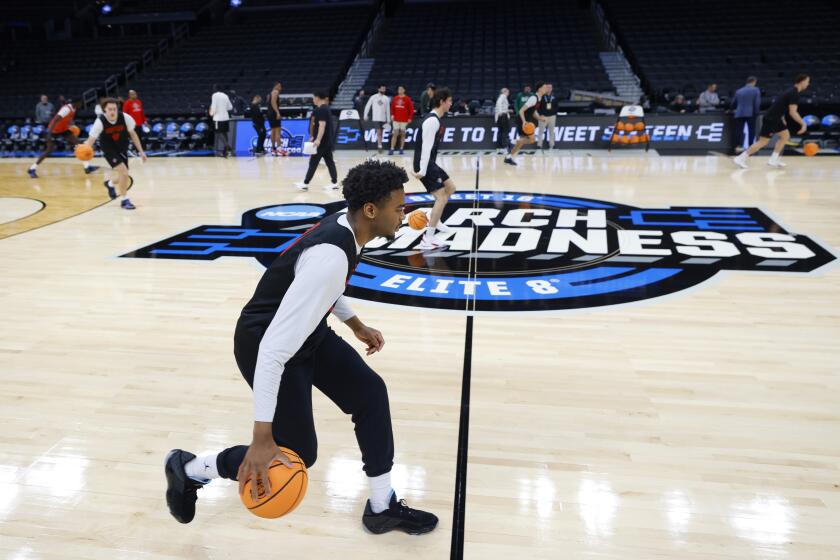 Boston, MA- March 27: San Diego State's Reese Waters practices for a Sweet 16 game against UConn at the TD Garden on Wednesday, March 27, 2024 in Boston, MA. (K.C. Alfred / The San Diego Union-Tribune)
