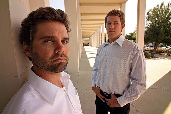 Philip Hildebrand, 31, left, and Skylar Peak, 25, outside the Malibu Courthouse after a hearing in their case, which is finally going to trial after nearly two years. The two surfers allegedly assaulted a paparazzo in Malibu in 2008. The two say the clash was an act of self-defense in response to overly aggressive paparazzi who flood into the upscale beach community searching for celebrities. Many locals think Hildebrand and Peak should not only be acquitted, but also celebrated.