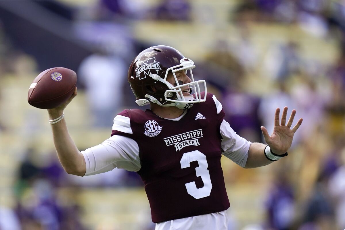 Mississippi State quarterback K.J. Costello (3) passes in the first half an NCAA college football game against LSU in Baton Rouge, La., Saturday, Sept. 26, 2020. (AP Photo/Gerald Herbert)