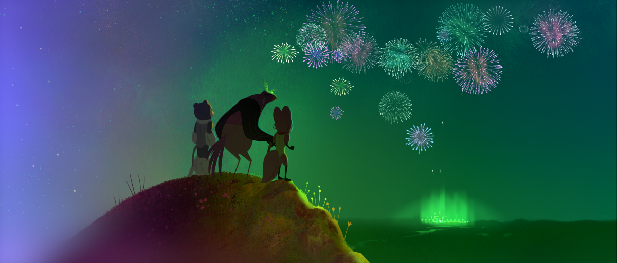 thee anthropomorphic animals looking at distant fireworks from a hill