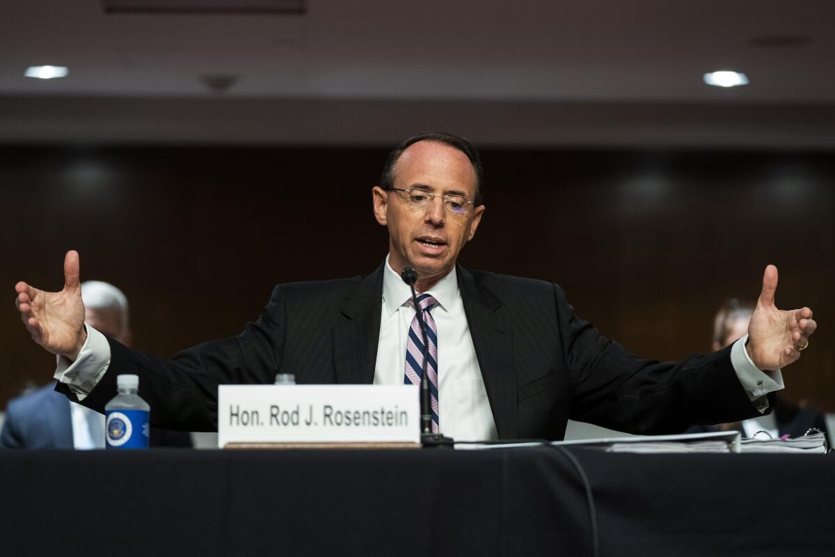Former Deputy Atty. Gen. Rod Rosenstein testifies before a Senate Judiciary Committee hearing on Wednesday.