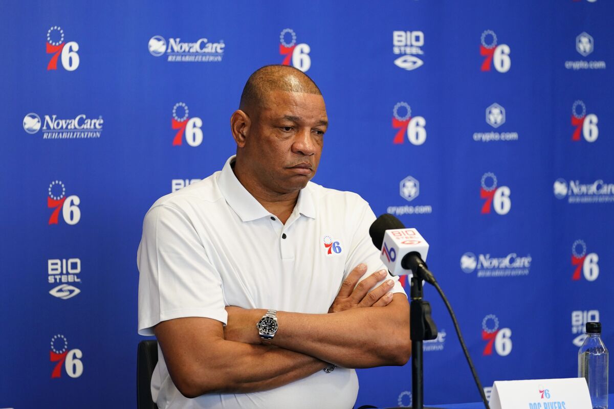 Philadelphia 76ers' Doc Rivers pauses during a news conference at the team's NBA basketball practice facility, Friday, May 13, 2022, in Camden, N.J. (AP Photo/Matt Slocum)