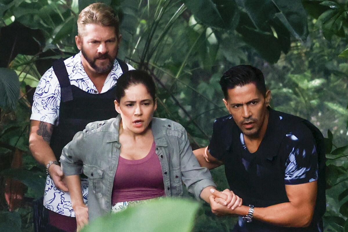 Two men in bulletproof vests help a woman through dense vegetation.