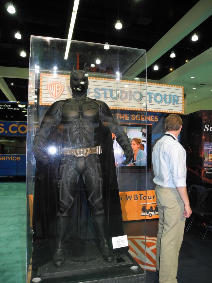 The suit worn by Christian Bale in "Batman Begins" is on display at the L.A. Times Travel Show.