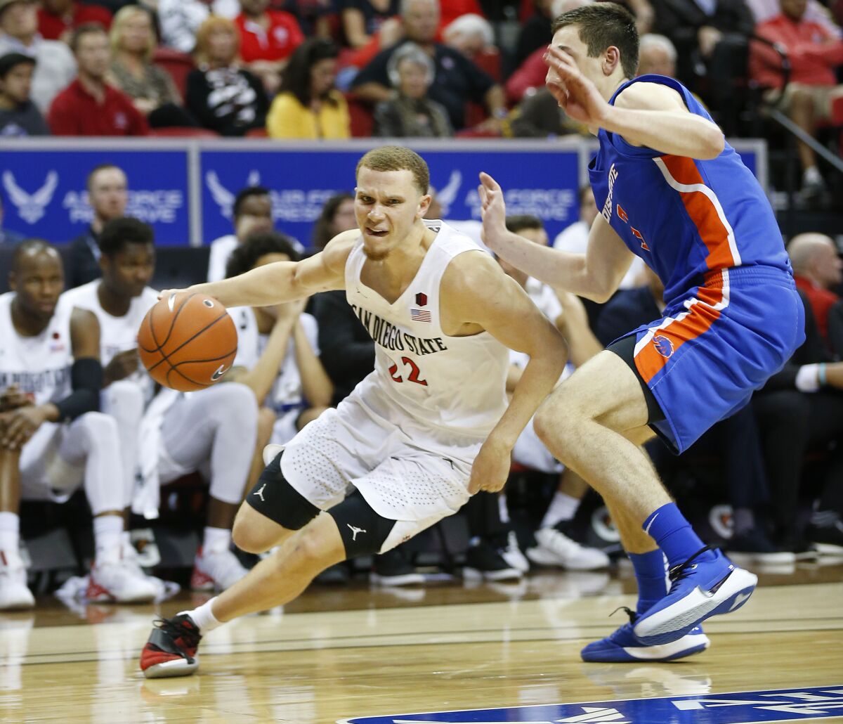 San Diego State's Malachi Flynn drives against Boise State during the Mountain West Conference tournament in Las Vegas on March 6, 2020.