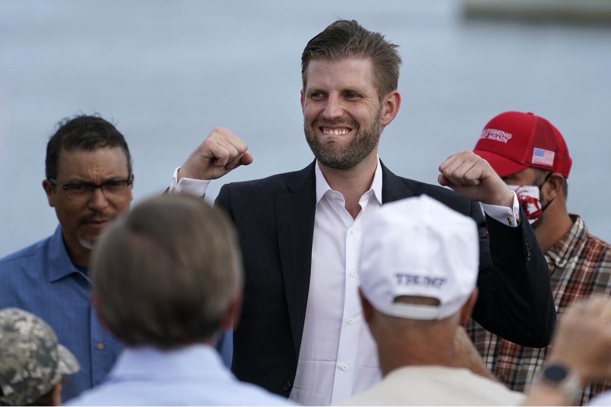 Eric Trump, the son of President Trump, speaks at a campaign rally for his father on Sept. 17 in Saco, Maine.