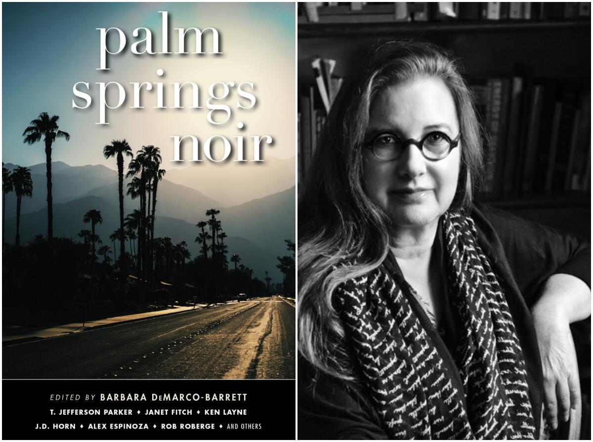 The cover of "Palm Springs Noir" and a portrait of author Janet Fitch