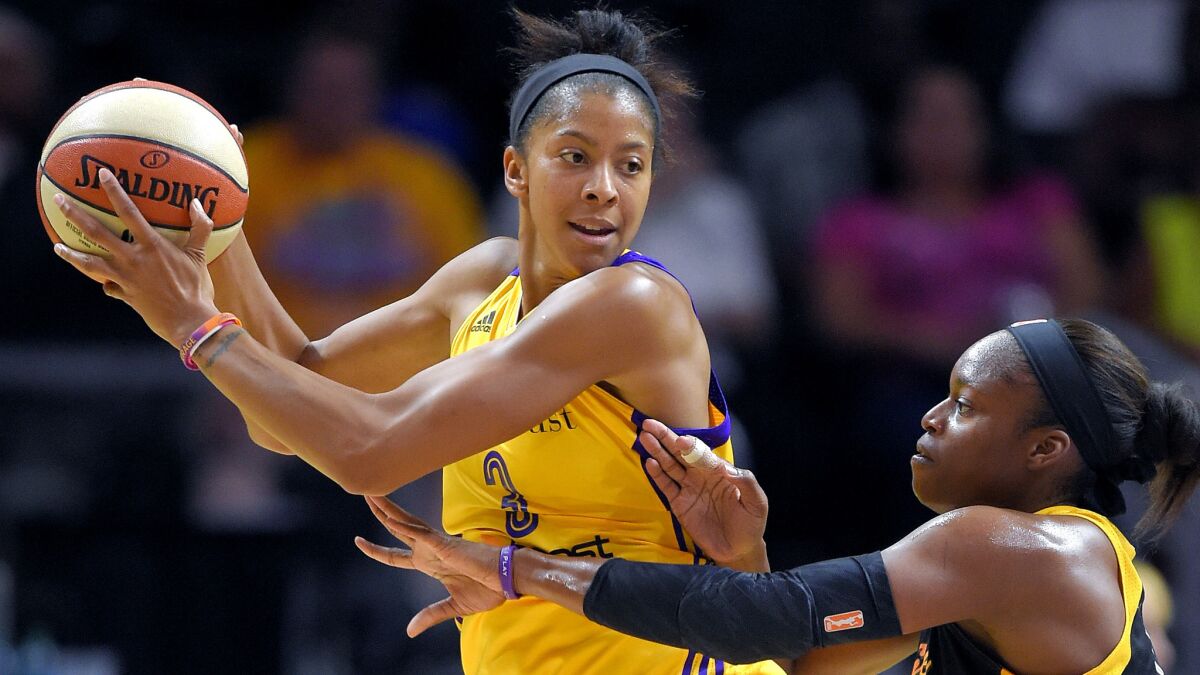Forward Candace Parker, shown during a game Aug. 6 against the Shock, led the Sparks to a win Sunday at Staples Center.