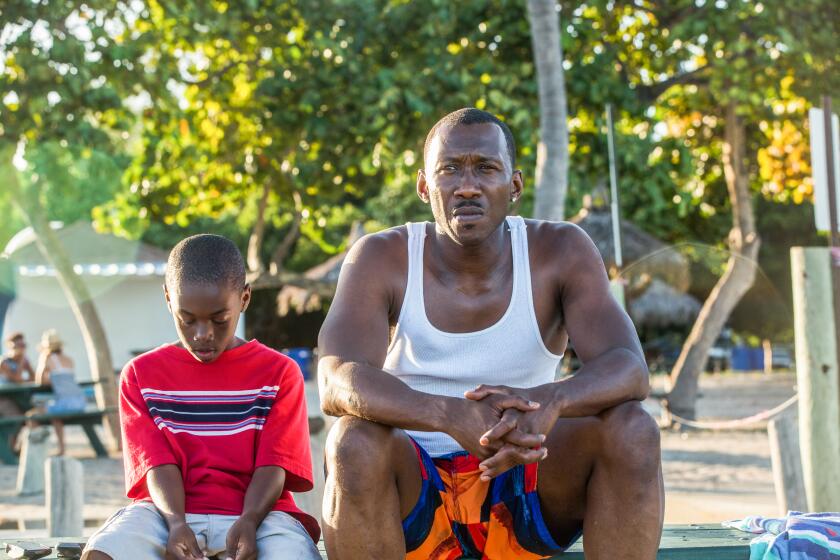 A boy and a man sitting side by side on a beach