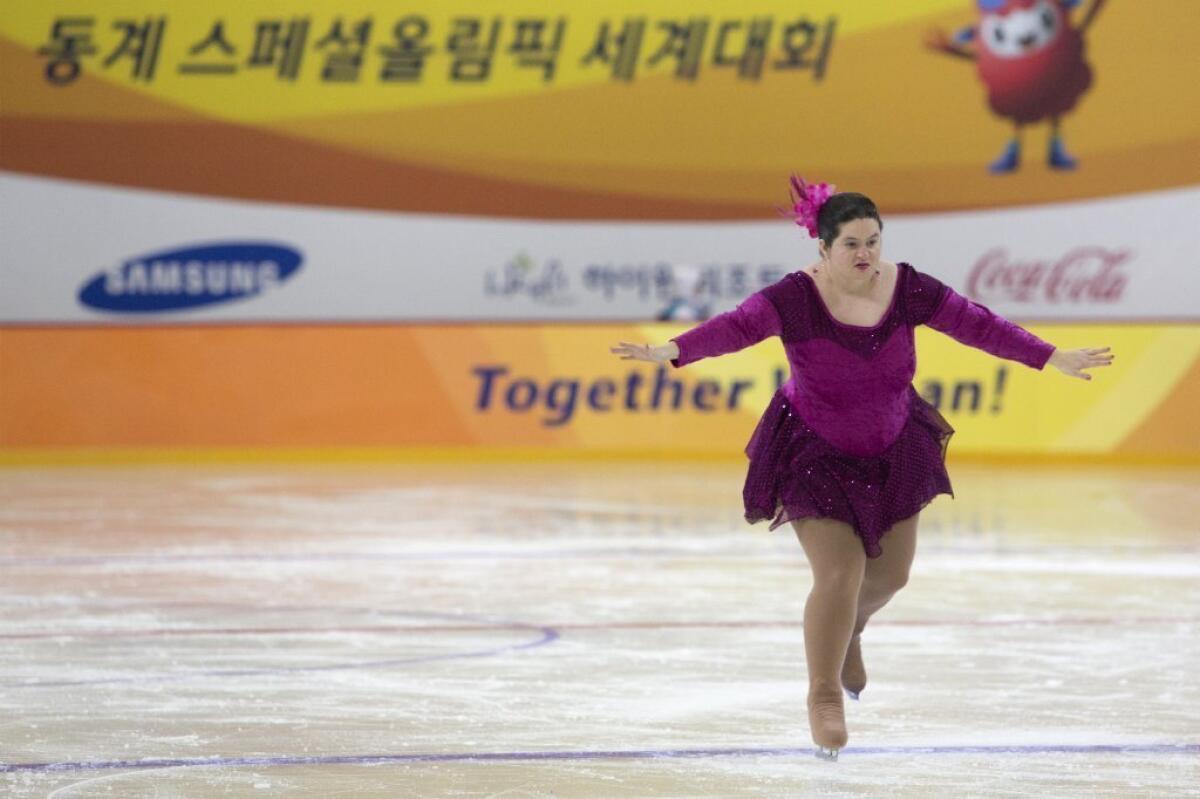 Crystal Greig of Canada performs during the women's figure skating level 1 event of the 2013 PyeongChang Special Olympics World Winter Games in PyeongChang, South Korea.