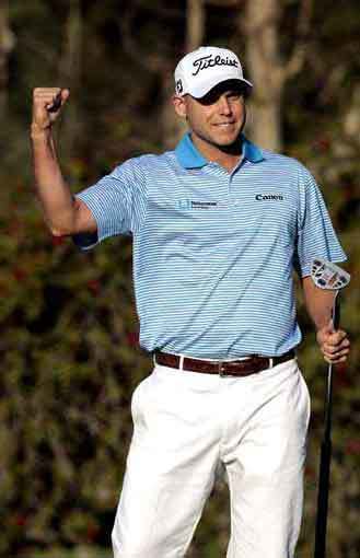 Bill Haas celebrates after stroking the winning putt in a tiebreaker against Phil Mickelson and Keegan Bradley on Sunday during the Northern Trust Open at the Riviera Country Club in Pacific Palisades.