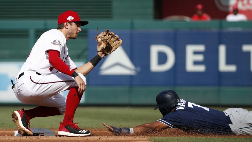 Manuel Margot safely steals second base in front of the tag by Nationals' shortstop Trea Turner on May 23.
