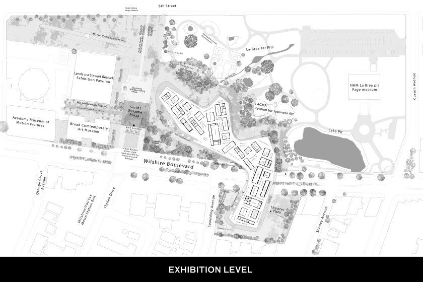 A black and white museum map show a series of boxy galleries within LACMA's blob-like form