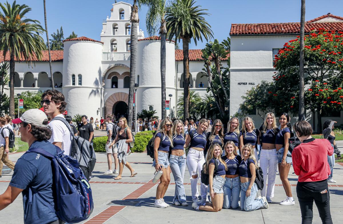 Students walk to class outside of Hepner Hall at SDSU on thet first day back to school.