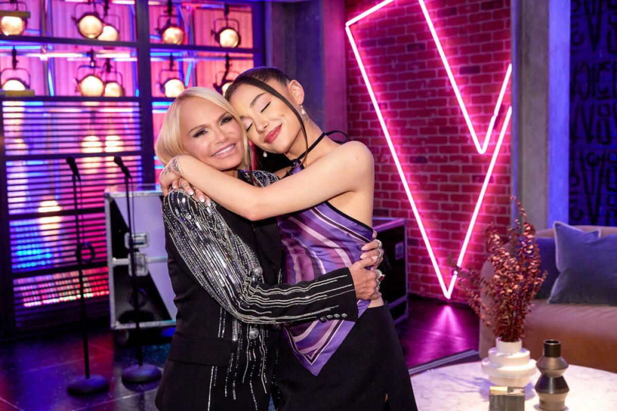 Kristin Chenoweth gets a hug from Ariana Grande on "The Voice."