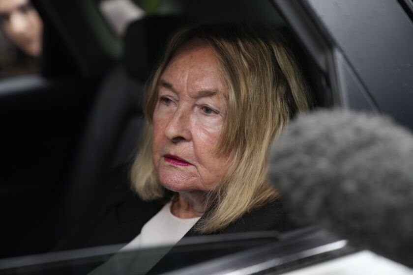 June Steenkamp, the mother of Reeva Steenkamp arrives at the Atteridgeville Prison for the parole hearing of Oscar Pistorius, in Pretoria, South Africa, Friday, March 31, 2023. The parents of Reeva Steenkamp, the woman Oscar Pistorius shot dead 10 years ago, will oppose the former Olympic runner's application for parole, their lawyer said Friday. (AP Photo/Themba Hadebe)