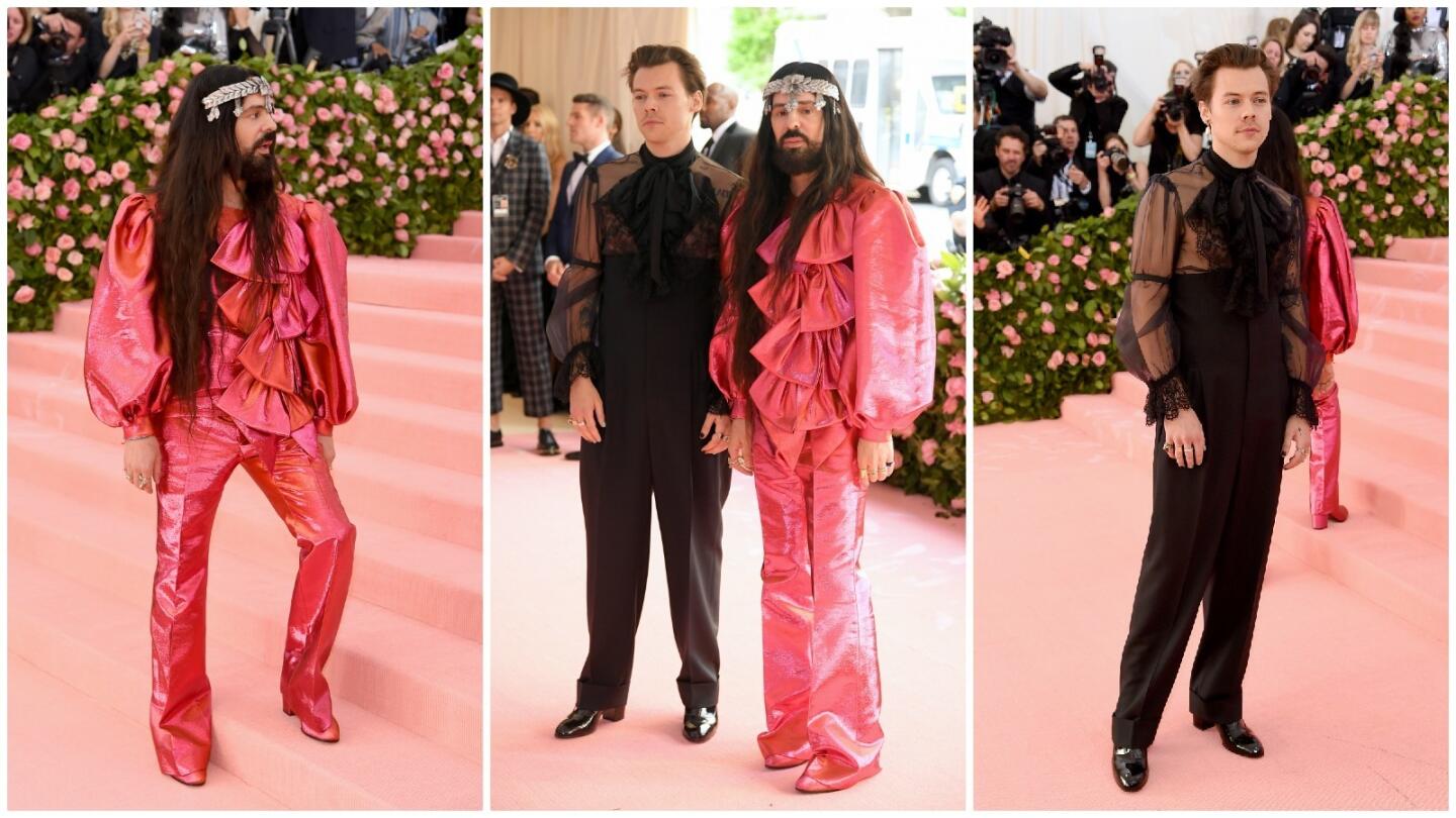 Gucci creative director Alessandro Michele, left, and Harry Styles, right, both 2019 Met Gala co-chairs, arrive in Gucci to the annual gala.