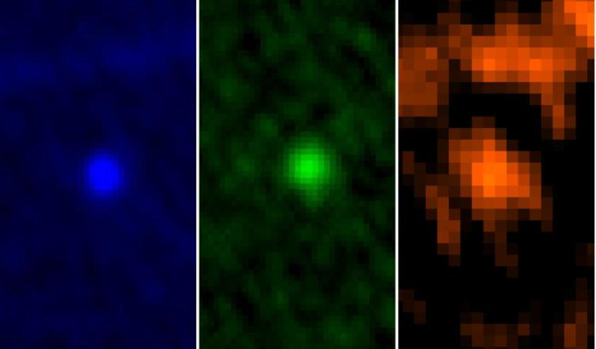 Three images of the asteroid Apophis in different-colored wavelengths.