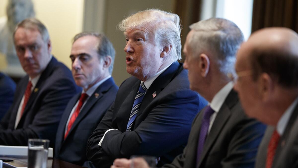 President Trump speaks during a Cabinet meeting in March.
