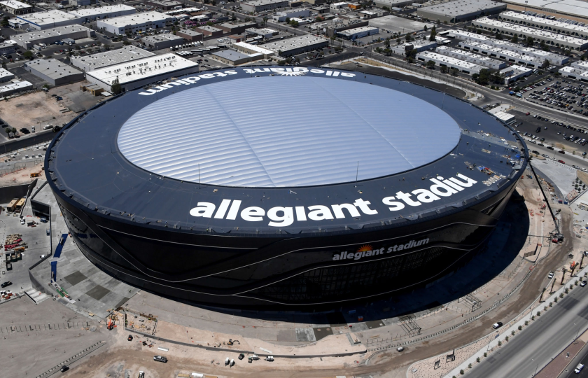 An aerial view shows construction continuing at Allegiant Stadium in Las Vegas.
