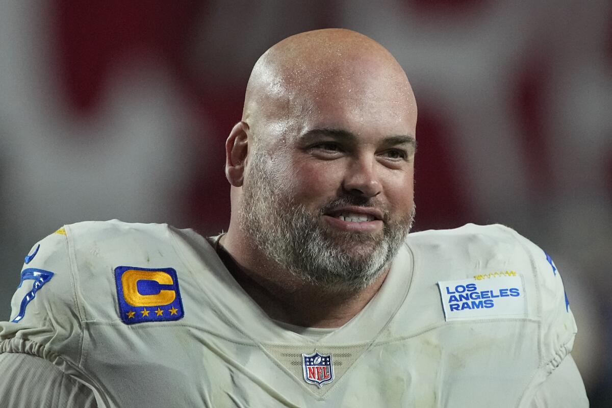 Rams offensive tackle Andrew Whitworth smiles during a game against the Arizona Cardinals in December.