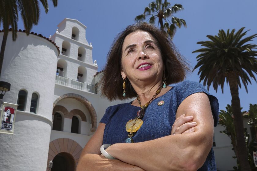 San Diego State University President Adela de la Torre in front of Hepner Hall at the SDSU campus on Thursday, June 13, 2019 in San Diego, California.