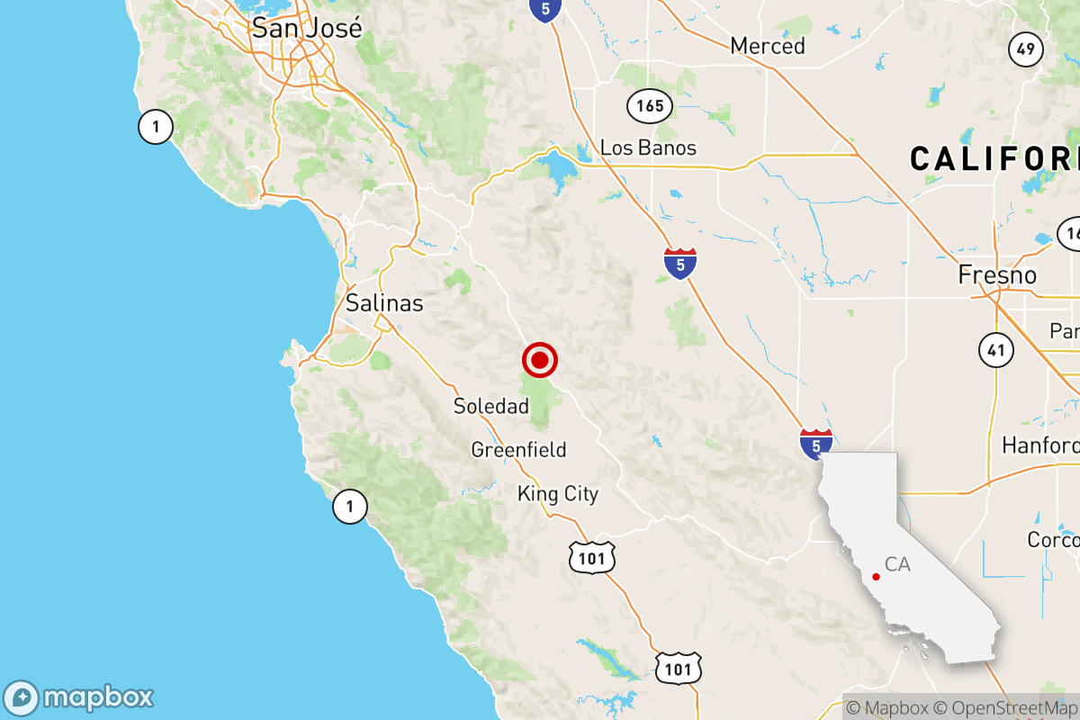 Map showing earthquake location near Soledad, California