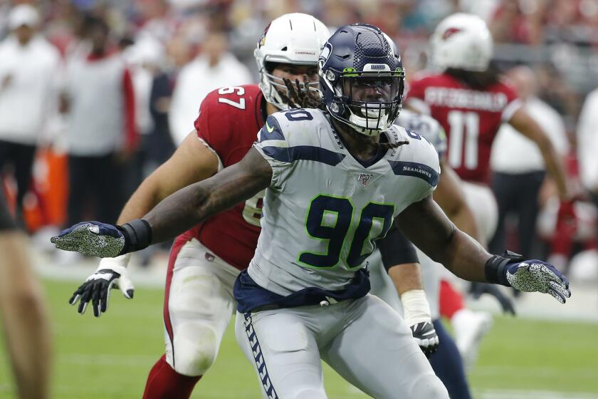 Seattle Seahawks outside linebacker Jadeveon Clowney (90) during an NFL football game against the Arizona Cardinals, Sunday, Sept. 29, 2019, in Glendale, Ariz. (AP Photo/Rick Scuteri)