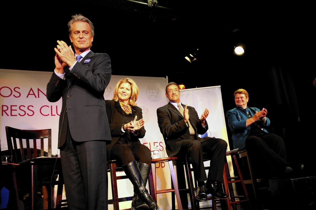 Candidates for the Los Angeles County Board of Supervisors 3rd District take part in a recent debate. The candidates are, from left to right, Bobby Shriver, Pamela Conley Ulich, John Duran and Sheila Kuehl.