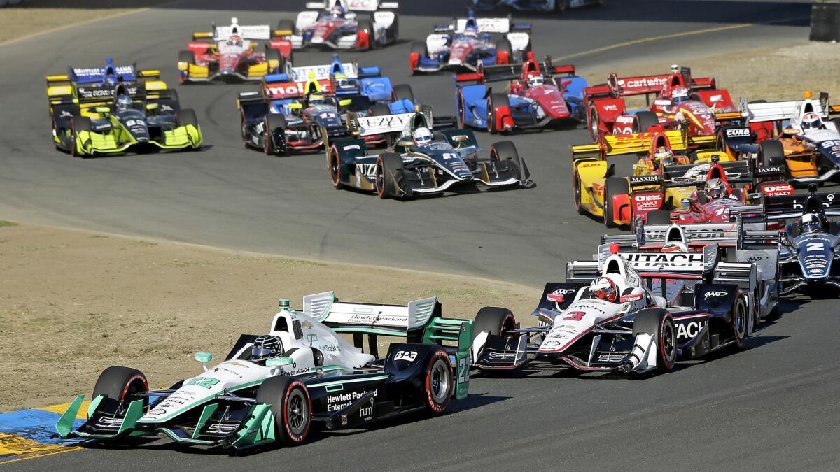 IndyCar driver Simon Pagenaud leads the field early in the race at Sonoma on Sunday.