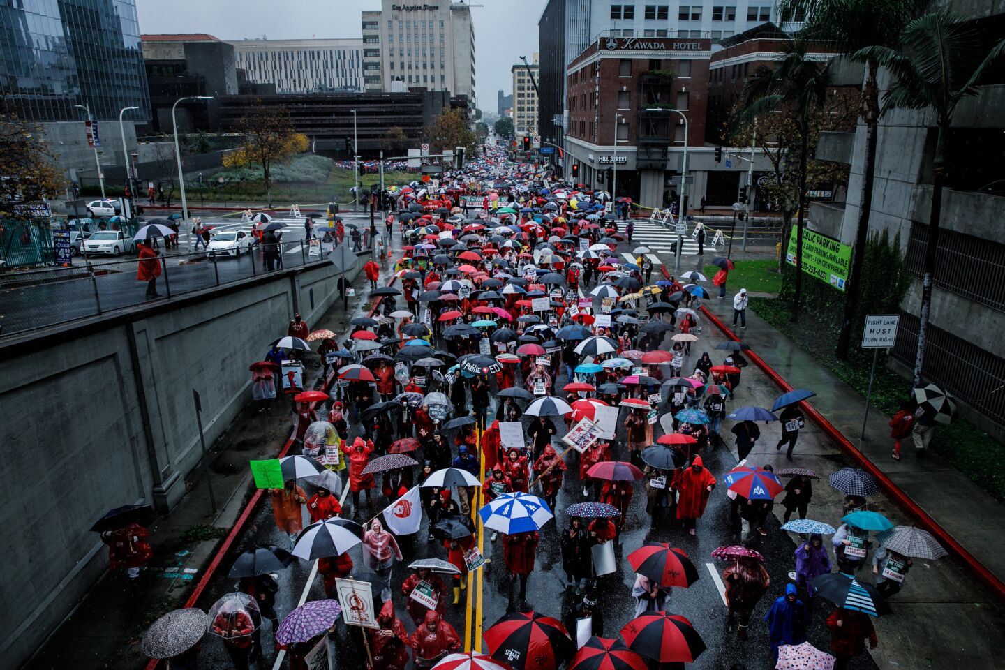 UTLA teachers marched from downtown Los Angeles to LAUSD headquarters Monday, January 14, 2019, as they walked off the job in their first strike in 30 years.