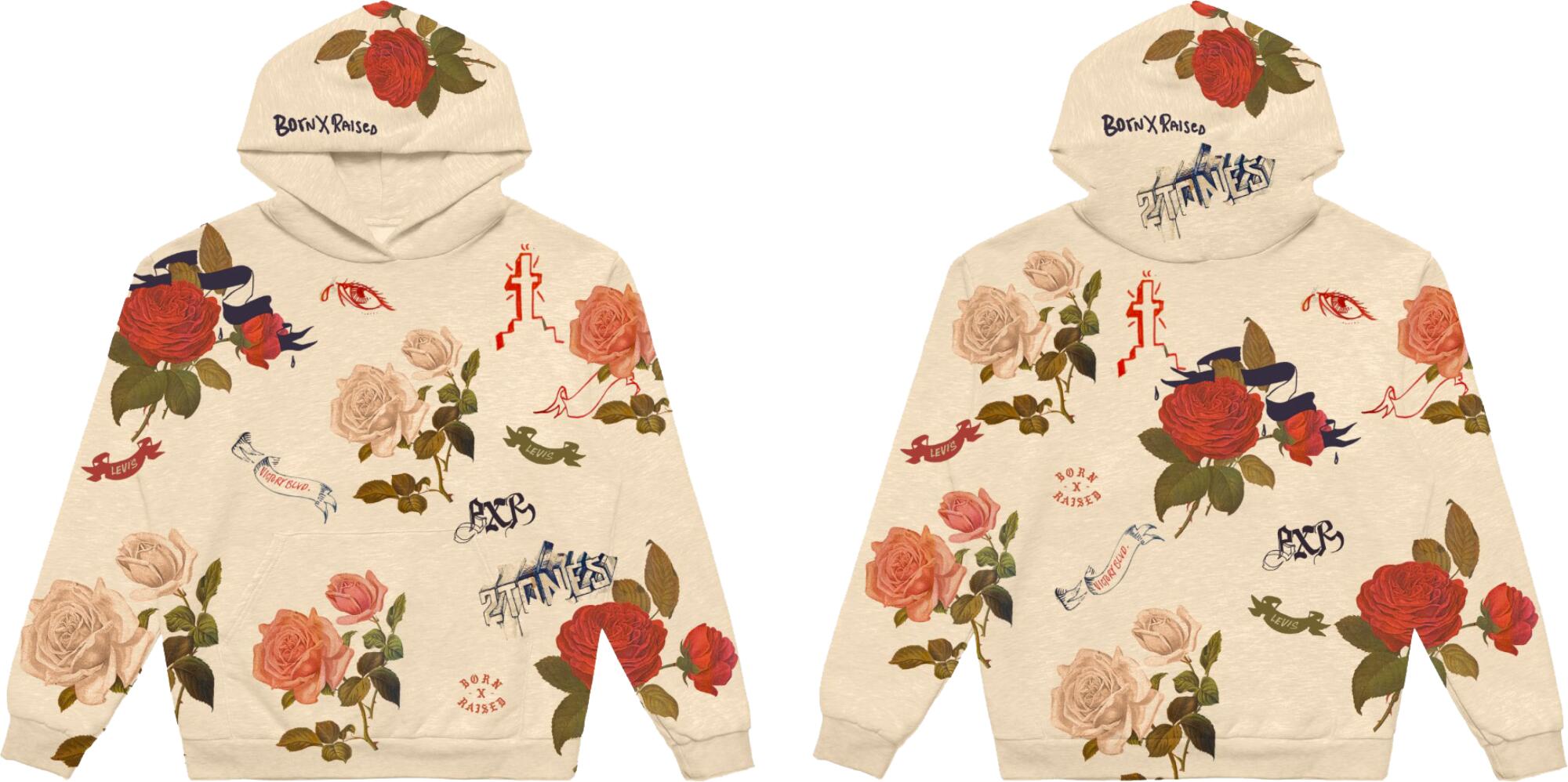 Front and back view of a cream hoodie with a pattern of roses and text graphics