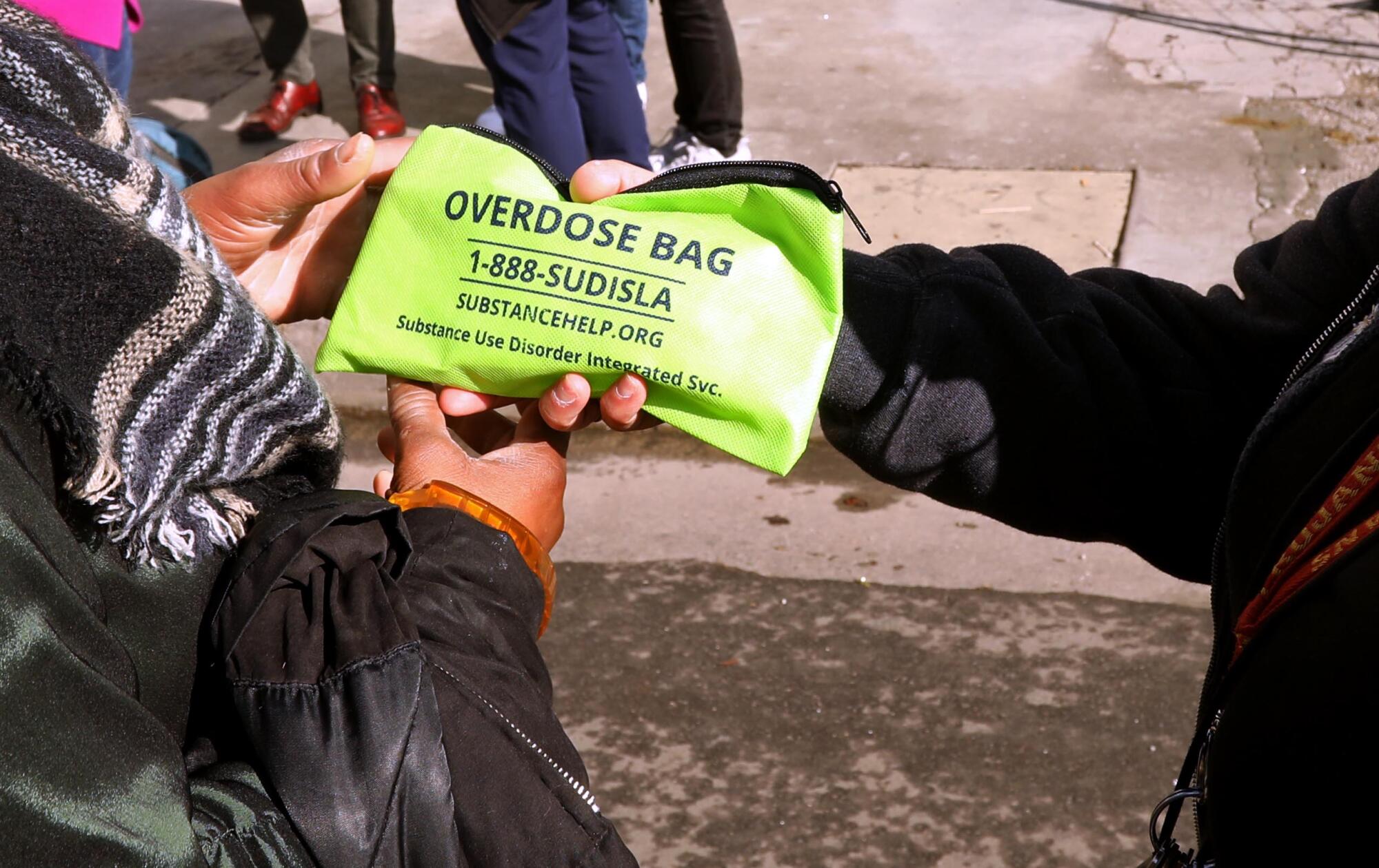 Overdose bags contain Naloxone, a medication designed to reverse an opioid overdose, were distributed.