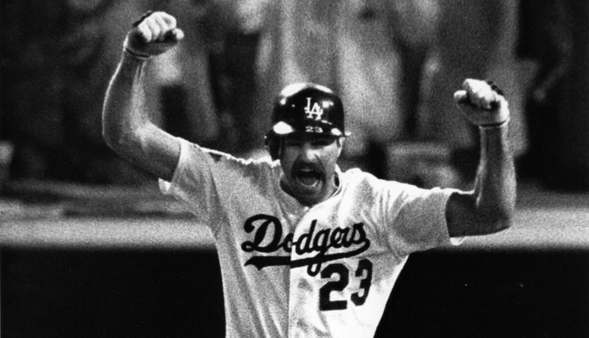 Kirk Gibson celebrates his home run in Game 1 of the 1988 World Series.