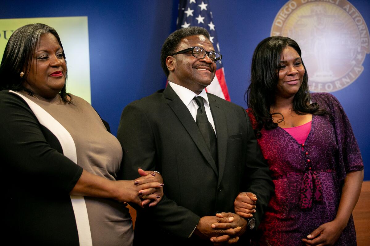 Kent Williams speaks at a news conference alongside his wife, Fay Williams, and daughter, Latrice Coleman, on Thursday in San Diego.