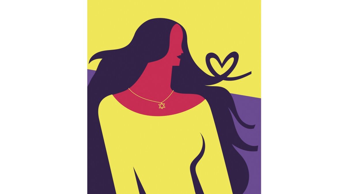 Illustration of a woman looking off into the horizon, a lock of her wavy hair forming a heart upon her shoulder.