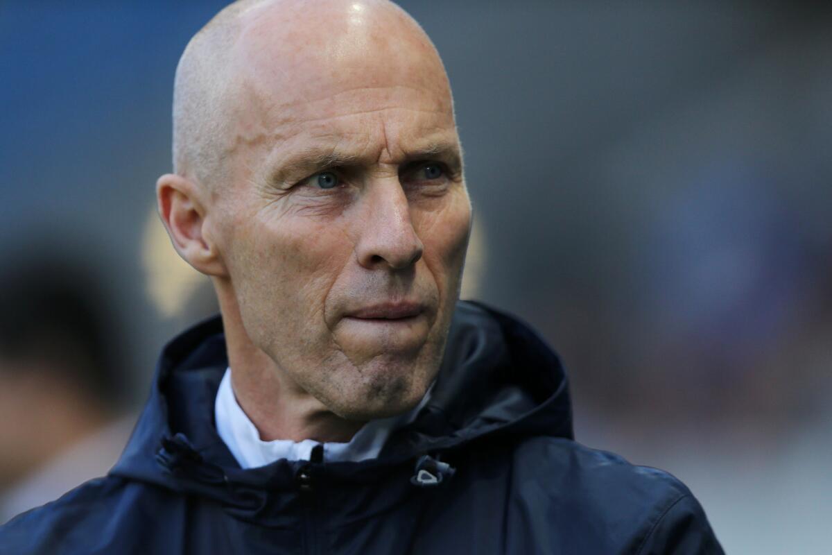 Bob Bradley looks on during a French L2 football match against Bourg-en-Bresse as the head coach of Le Havre on May 13.