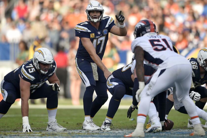 Los Angeles Chargers quarterback Philip Rivers plays against the Denver Broncos during the second half of an NFL football game Sunday, Nov. 18, 2018, in Carson, Calif. (AP Photo/Kelvin Kuo)