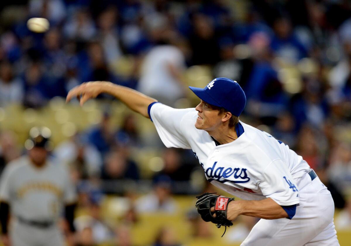 Dodgers' Zack Greinke pitches against the Pittsburgh Pirates at Dodger Stadium in April.