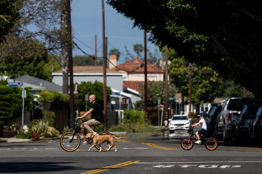 LOS ANGELES, CA - MAY 02: People along Maxella Avenue in the Del Ray neighborhood on Saturday, May 2, 2020 in Los Angeles, CA. The Del Ray neighborhood council wants to restrit traffic on about a dozen residential streets on the Westside, including Maxella Avenue to give residents more space to exercise. (Kent Nishimura / Los Angeles Times)