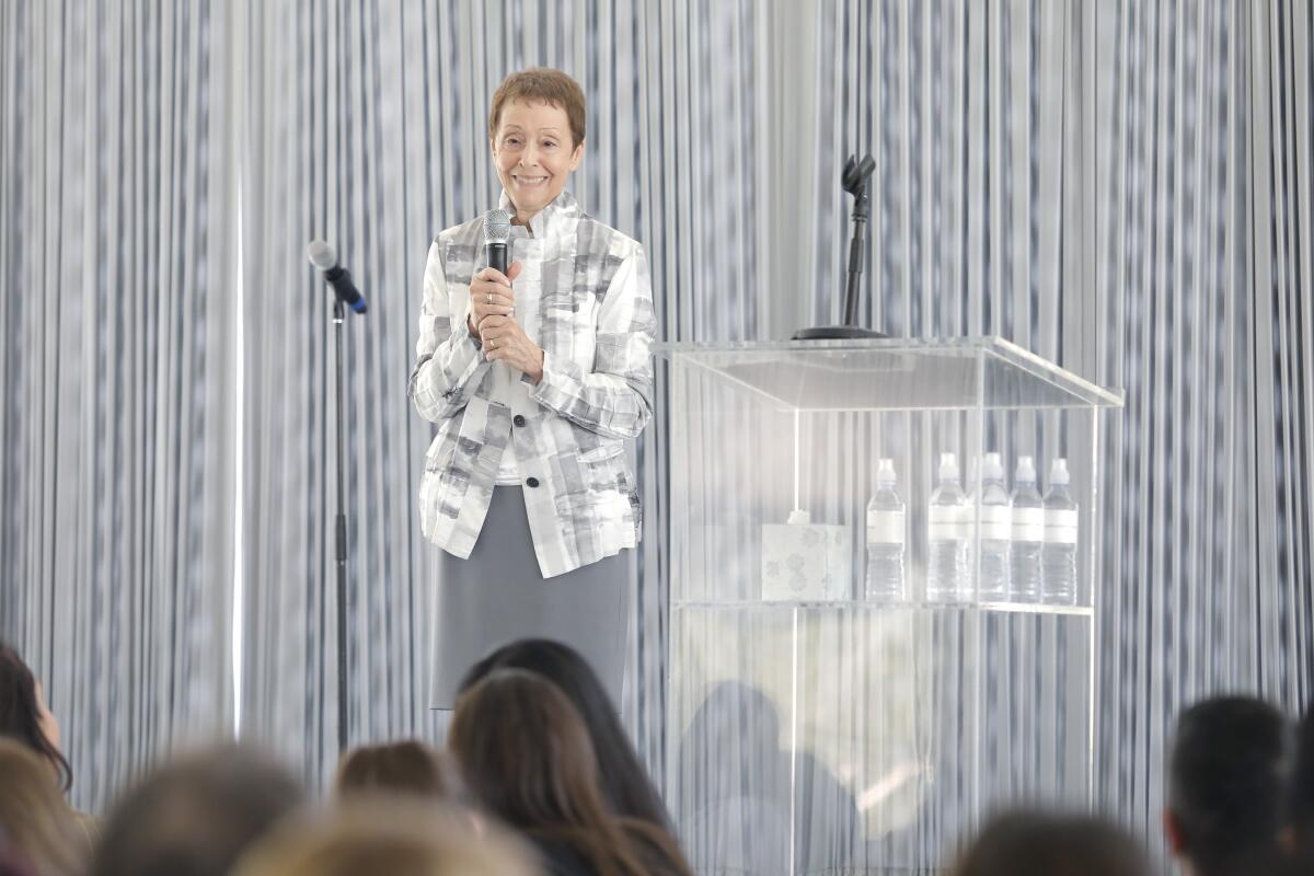 Gail Abarbanel speaks at a fundraiser in Beverly Hills in 2019.