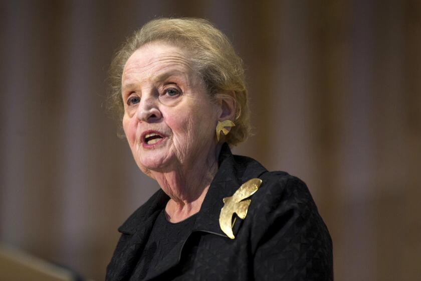 FILE - In this Oct. 6, 2016, file photo, former U.S. Secretary of State Madeleine Albright speaks during a memorial service for former Israel Prime Minister Shimon Peres at Adas Israel Congregation in Washington. Albright spoke at her alma mater, Wellesley College, Sunday, Feb. 26, 2017, during a panel discussing the global refugee crisis. (AP Photo/Zach Gibson, File)